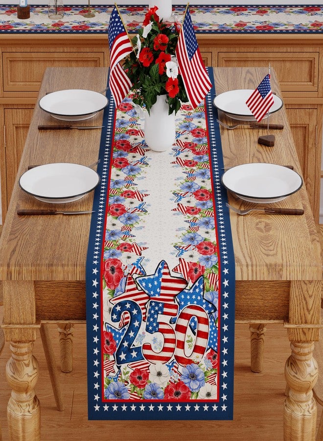 Siilues 4th of July Table Runner, 250 Anniversary USA Table Runner Blue Red Floral Stars America Memorial Day Patriotic Decorations 250th Anniversary Merchandise Home Party Decor Table Decorations 13x72 Inch - Image 2