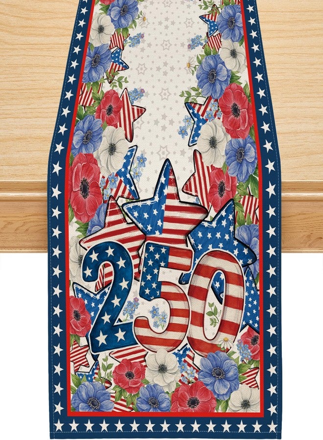 Siilues 4th of July Table Runner, 250 Anniversary USA Table Runner Blue Red Floral Stars America Memorial Day Patriotic Decorations 250th Anniversary Merchandise Home Party Decor Table Decorations 13x72 Inch - Image 1