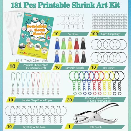 Esmorah 181 Pcs Printable Shrink Dink Sheets Kit, 10 Pcs A4 Semitransparent Plastic Shrink Dink Papers for Mother's Day, Father's Day, Easter Ornaments & Gifts, Adults & Kids DIY Keychain Making Crafts - Image 2
