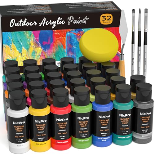 Nicpro 32 Colors Outdoor Acrylic Paint Bulk with Brush and Sponge, Knife, Non-Toxic Paint for Multi-surface Rock, Wood, Fabric, Leather, Crafts, Canvas, Shoes and Wall Painting - Image 1