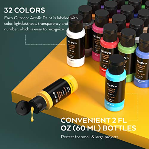 Nicpro 32 Colors Outdoor Acrylic Paint Bulk with Brush and Sponge, Knife, Non-Toxic Paint for Multi-surface Rock, Wood, Fabric, Leather, Crafts, Canvas, Shoes and Wall Painting - Image 4