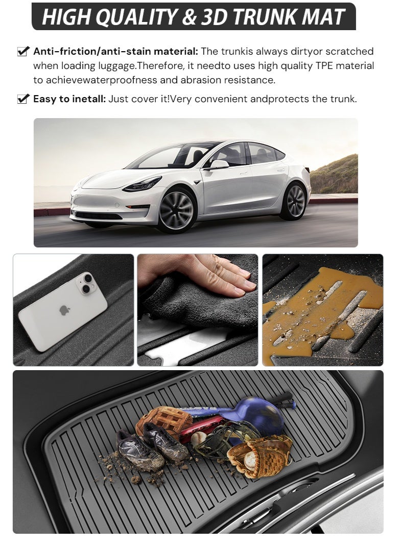 سوبر 5 سجادات أرضية لسيارة Tesla Model 3 Highland (موديلات 2024-2026) | طقم سجادات لجميع الأحوال الجوية (6 قطع) | تصميم مخصص لضمان الملاءمة التامة، آمنة ومناسبة للأطفال والحيوانات الأليفة | بطانة وحصيرة لصندوق الأمتعة الخلفي (Cargo Liner) - ملحقات داخلية لصندوق السيارة - Image 5