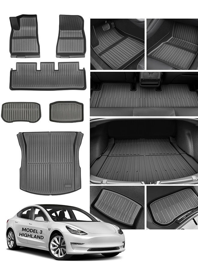 SUPER 5 Tesla Model 3 Highland Floor Mats 2024 2025 2026 All-Weather Floor Mats Set (6 Pieces) | Custom Fit, Pet & Child-Friendly | Tesla Model 3 Cargo Liner Rear Cargo Tray Trunk Interior Accessories - Image 1