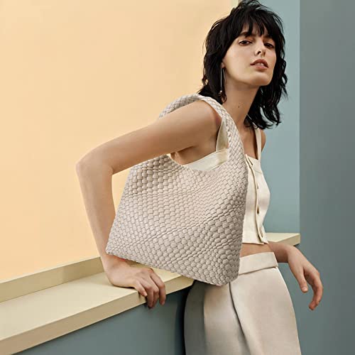 Queenoris Fashion Woven Purse for Women Top-handle Shoulder Bag Soft Summer Hobo Tote Bag (Creamy-white, Medium) - Image 2