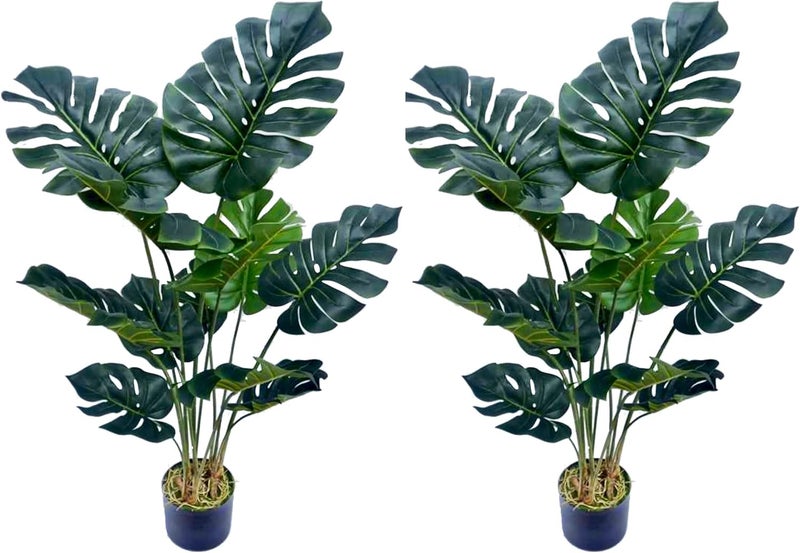 AMERIQUE Pair Gorgeous 4 Feet Tropical Monstera Palm Artificial Plant Tree with Nursery Pot Real Touch Technology with UV Protection Green 2 - Image 1
