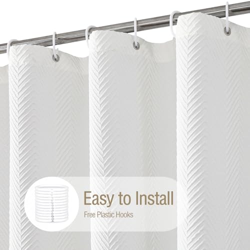 Gibelle White Shower Curtain, 3D Embossed Textured Herringbone Fabric Modern Farmhouse Bathroom Decor Soft Cloth Curtain Set with Hooks, 72x72 - Image 4