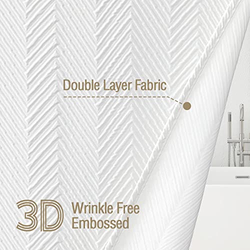 Gibelle White Shower Curtain, 3D Embossed Textured Herringbone Fabric Modern Farmhouse Bathroom Decor Soft Cloth Curtain Set with Hooks, 72x72 - Image 2