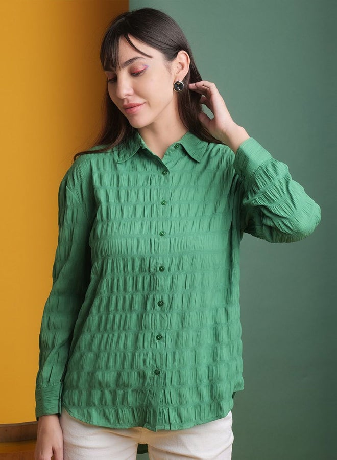 Freehand Women Green Seersucker Oversized Shirt - Image 1