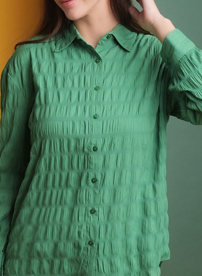 Freehand Women Green Seersucker Oversized Shirt - Image 2
