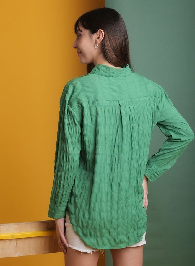 Freehand Women Green Seersucker Oversized Shirt - Image 5