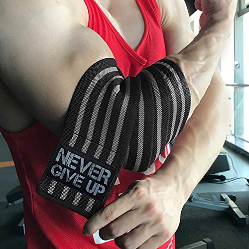 HYFAN Professional Elbow Wraps Elastic Straps Brace Support Protector for Weightlifting Workout Bodybuilding Gym Fitness (Four Stripe, Gray) - Image 1