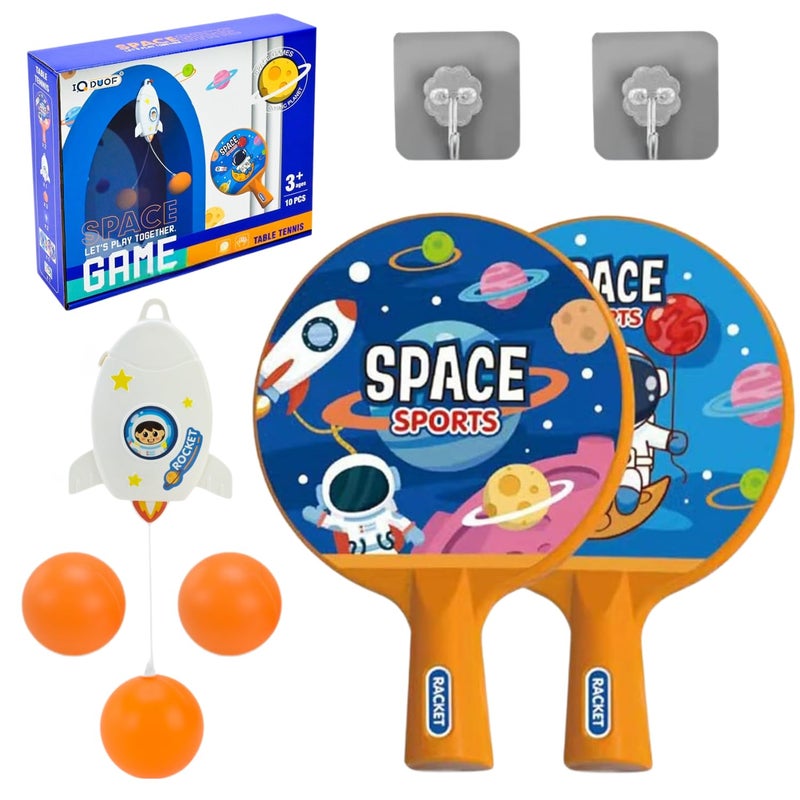 FITORIX Hanging Table Tennis Trainer for Kids Indoor Self Training Portable Ping Pong Set 10 Pieces 2 Racket 2 Balls 2 Hooks 1 Space Rocket and 2 Space Astronaut Stickers in 1 Space Box - Image 1