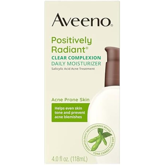 Aveeno Positively Radiant Clear Complexion Face Moisturizer, Acne Facial Moisturizer with Soy and Salicylic Acid for Oily Skin, Hypoallergenic Formula, Paraben-Free, Non-Comedogenic, Pump, 4 FL OZ - Image 1