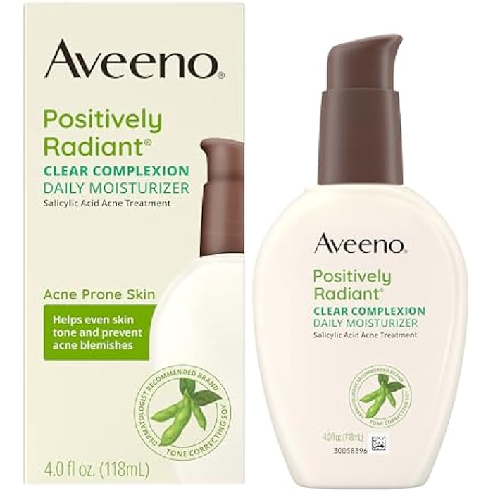 Aveeno Positively Radiant Clear Complexion Face Moisturizer, Acne Facial Moisturizer with Soy and Salicylic Acid for Oily Skin, Hypoallergenic Formula, Paraben-Free, Non-Comedogenic, Pump, 4 FL OZ - Image 2