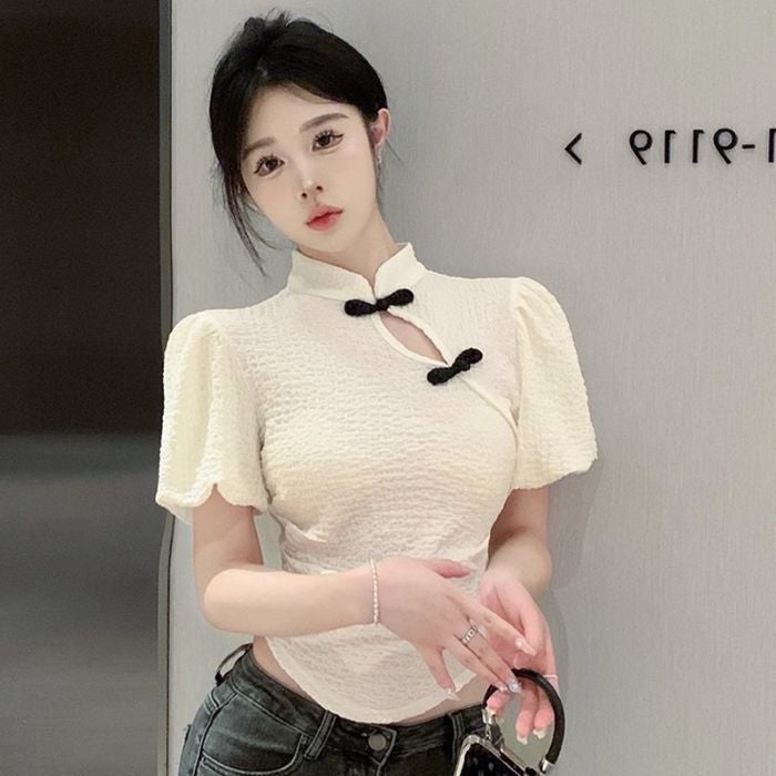 2025 Summer Fashion New Chinese Style Improved Button Cheongsam Short-Sleeve Pure Desire Style Puff Sleeve Thin Top - Image 1