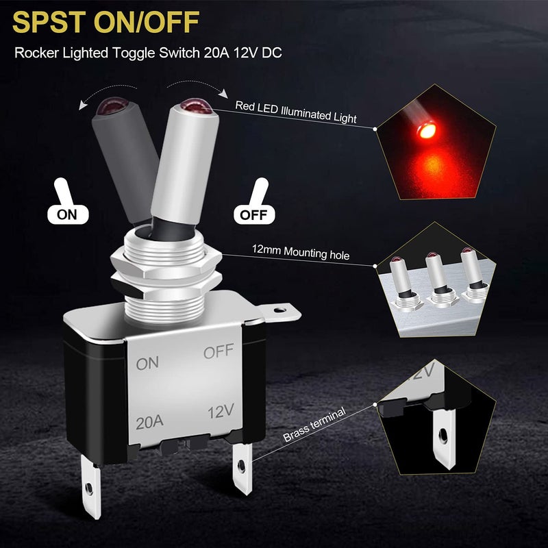 Twidec /3Pcs Rocker Lighted Toggle Switch 12V 20A Heavy Duty Racing Car Automotive Auto SPST ON/Off Toggle Switch Red LED Illuminated 3Pin ASW-07DR - Image 3
