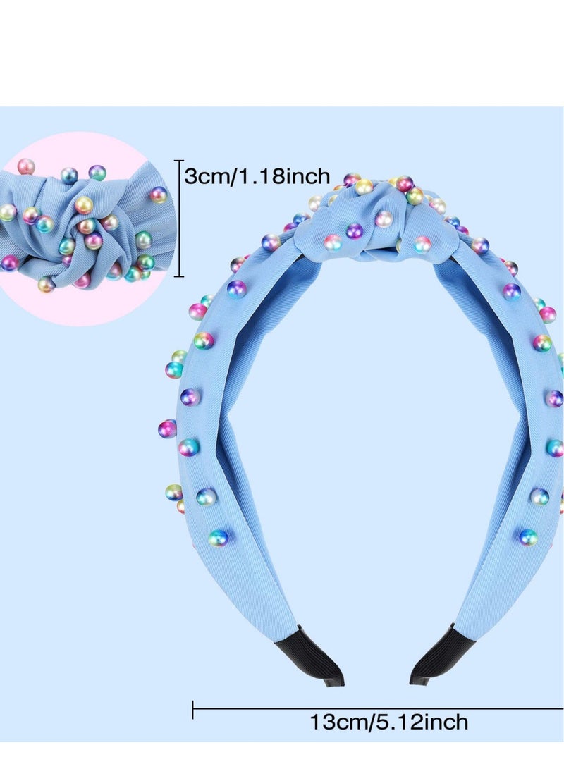 Excefore 2 Pcs Headbands for Women, Jeweled Headband, Pearl Knotted Girls Headband, Comfort Fit for All Day Wear, Fashion Hair accessories for Girls (Pink, Blue) - Image 2