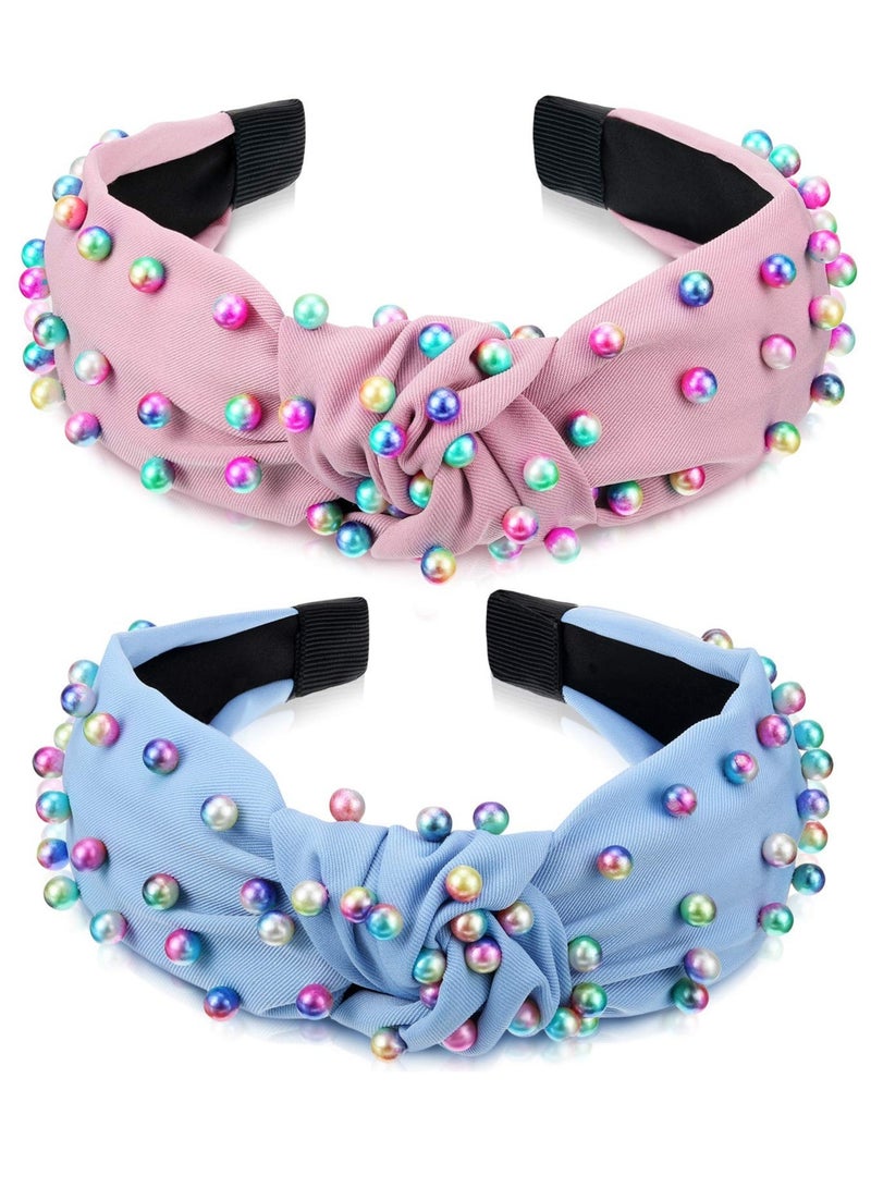 Excefore 2 Pcs Headbands for Women, Jeweled Headband, Pearl Knotted Girls Headband, Comfort Fit for All Day Wear, Fashion Hair accessories for Girls (Pink, Blue) - Image 1