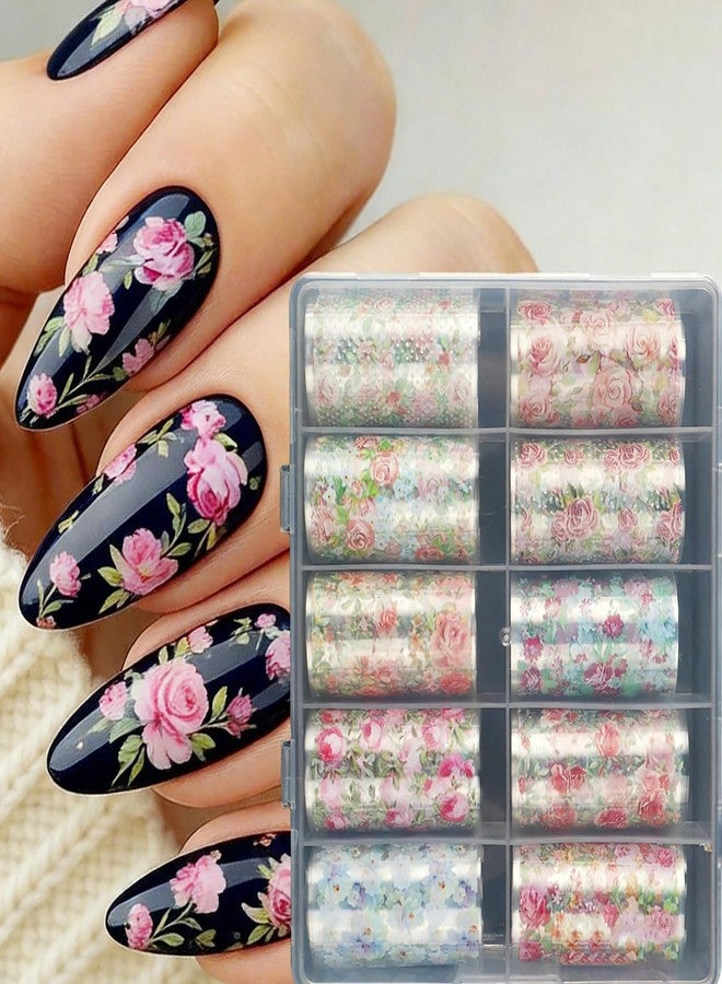 LYLYNB 10 Rolls Flower Nail Foil Transfer Stickers Spring Flowers Nail Art Foil Decals Cute Floral Nail Art Supplies Decoration Summer Nail Transfer Foil Stickers for Women DIY Manicure Accessories - Image 3