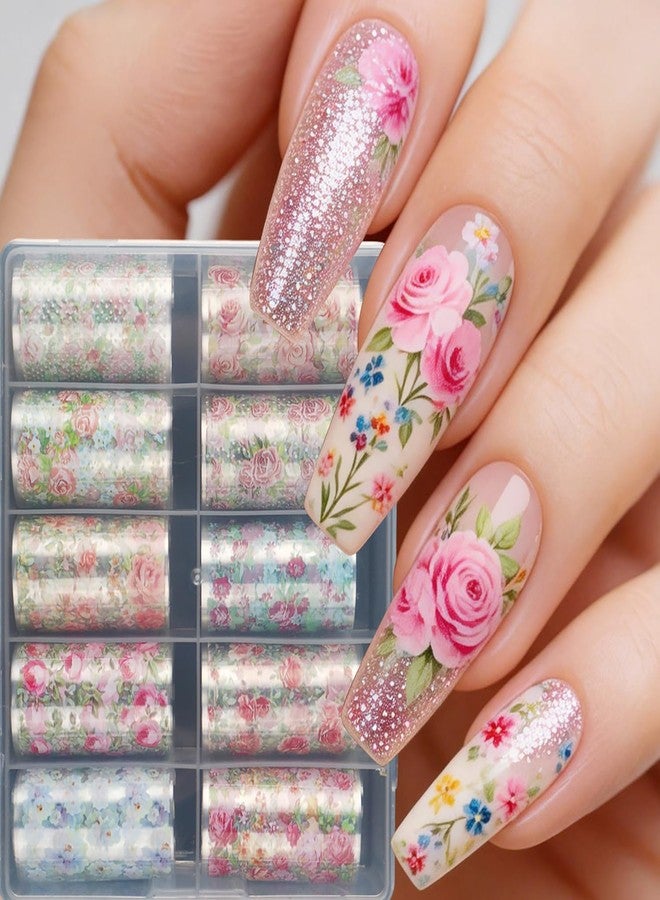 LYLYNB 10 Rolls Flower Nail Foil Transfer Stickers Spring Flowers Nail Art Foil Decals Cute Floral Nail Art Supplies Decoration Summer Nail Transfer Foil Stickers for Women DIY Manicure Accessories - Image 2
