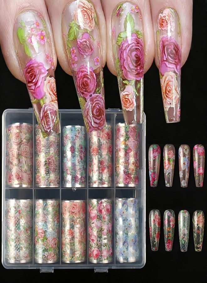 LYLYNB 10 Rolls Flower Nail Foil Transfer Stickers Spring Flowers Nail Art Foil Decals Cute Floral Nail Art Supplies Decoration Summer Nail Transfer Foil Stickers for Women DIY Manicure Accessories - Image 1