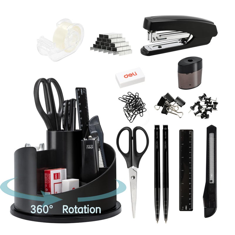 deli Office Supplies Set 1045 PcsDesk Accessory Organizer Kit Stapler Set Rotating MultiFunctional Pen Holder Tape Dispenser Pens Binder Clips Sharpener Scissor Eraser Black