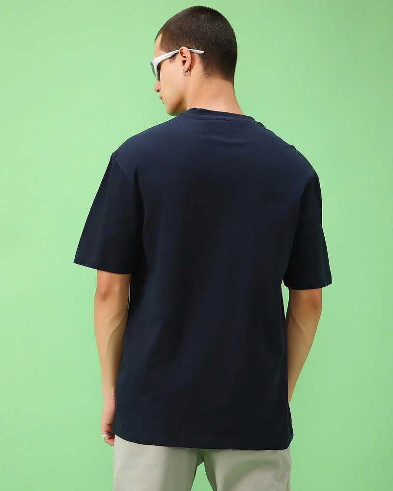 Bewakoof Men's Solid Oversized Fit Half Sleeve Round Neck Cotton T-Shirt Blue - Image 4