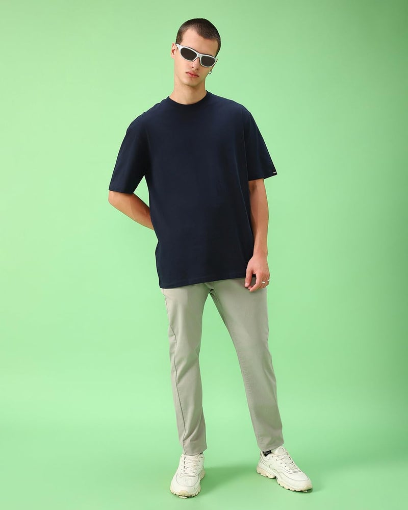 Bewakoof Men's Solid Oversized Fit Half Sleeve Round Neck Cotton T-Shirt Blue - Image 5