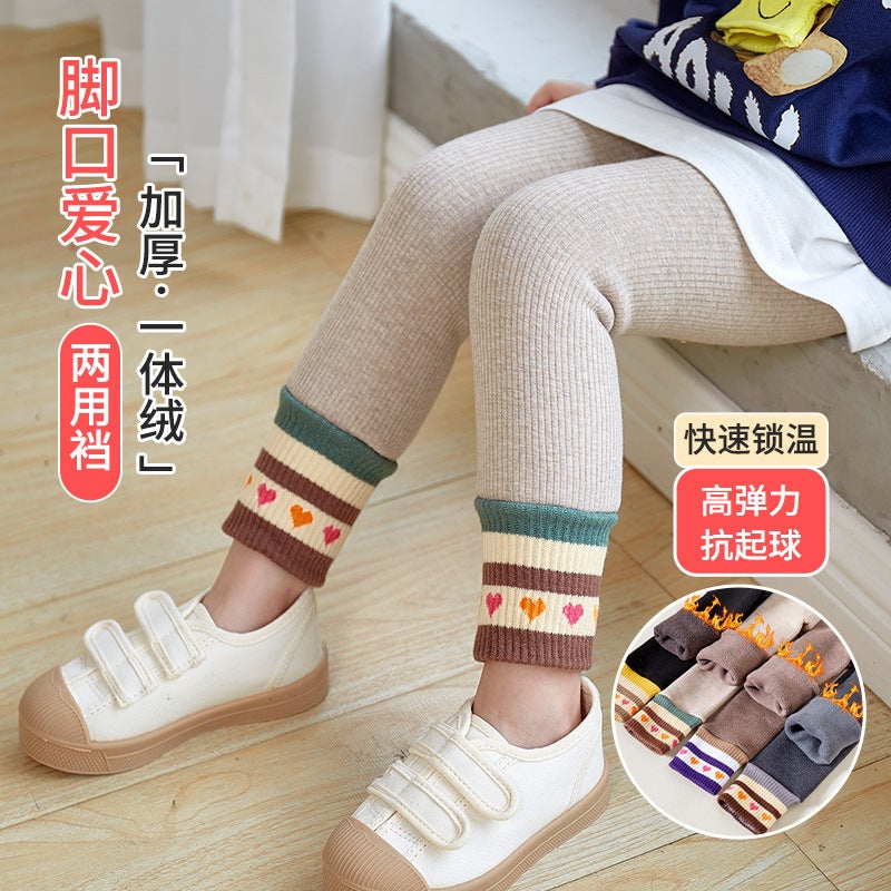 Adjustable Baby Children'S Pants Fleece-Lined Thickened Girl'S Leggings Foot Mouth Love Children'S One - Image 2