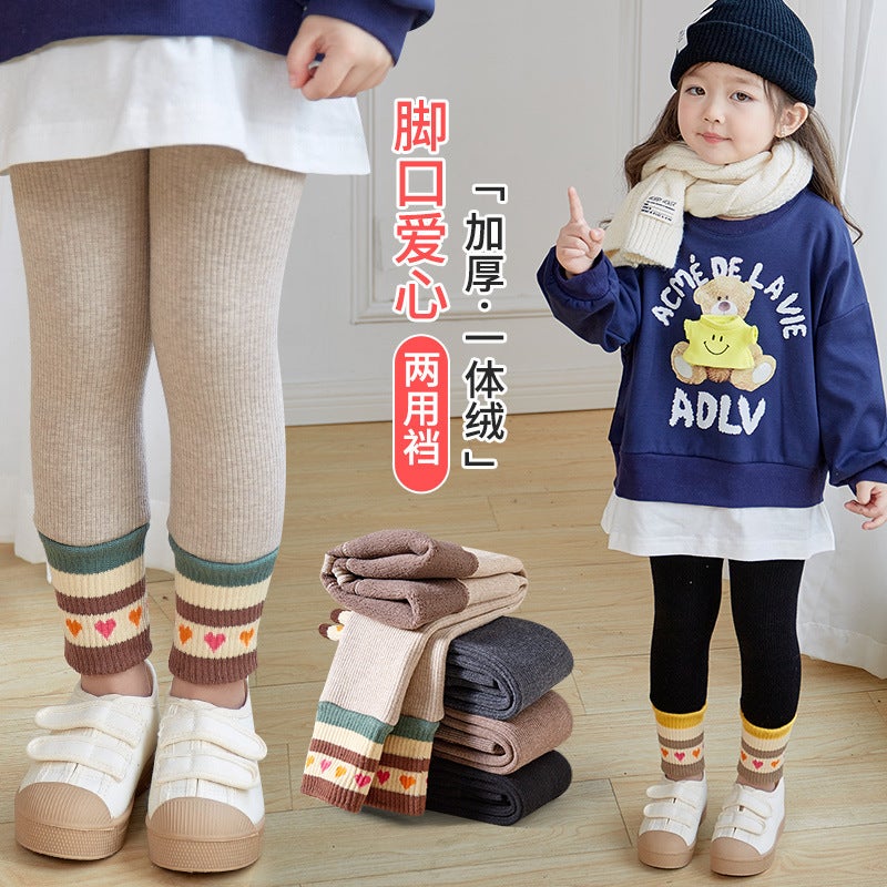 Adjustable Baby Children'S Pants Fleece-Lined Thickened Girl'S Leggings Foot Mouth Love Children'S One - Image 3