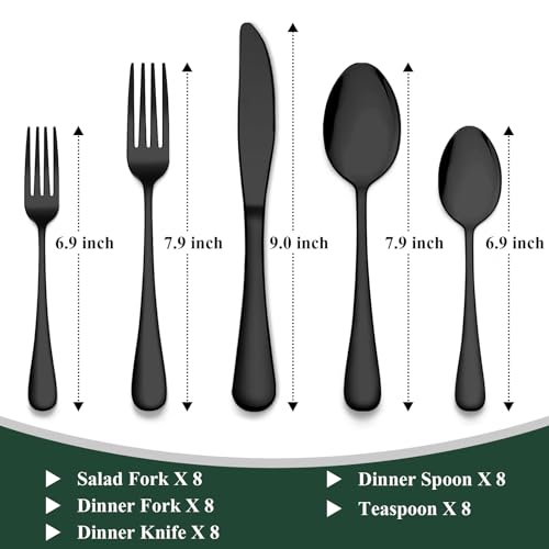 Wildone 40-Piece Black Silverware Set, Stainless Steel Flatware Cutlery Set Service for 8, Tableware Eating Utensils Include Knives /Forks /Spoons, Mirror Polished, Dishwasher Safe - Image 2