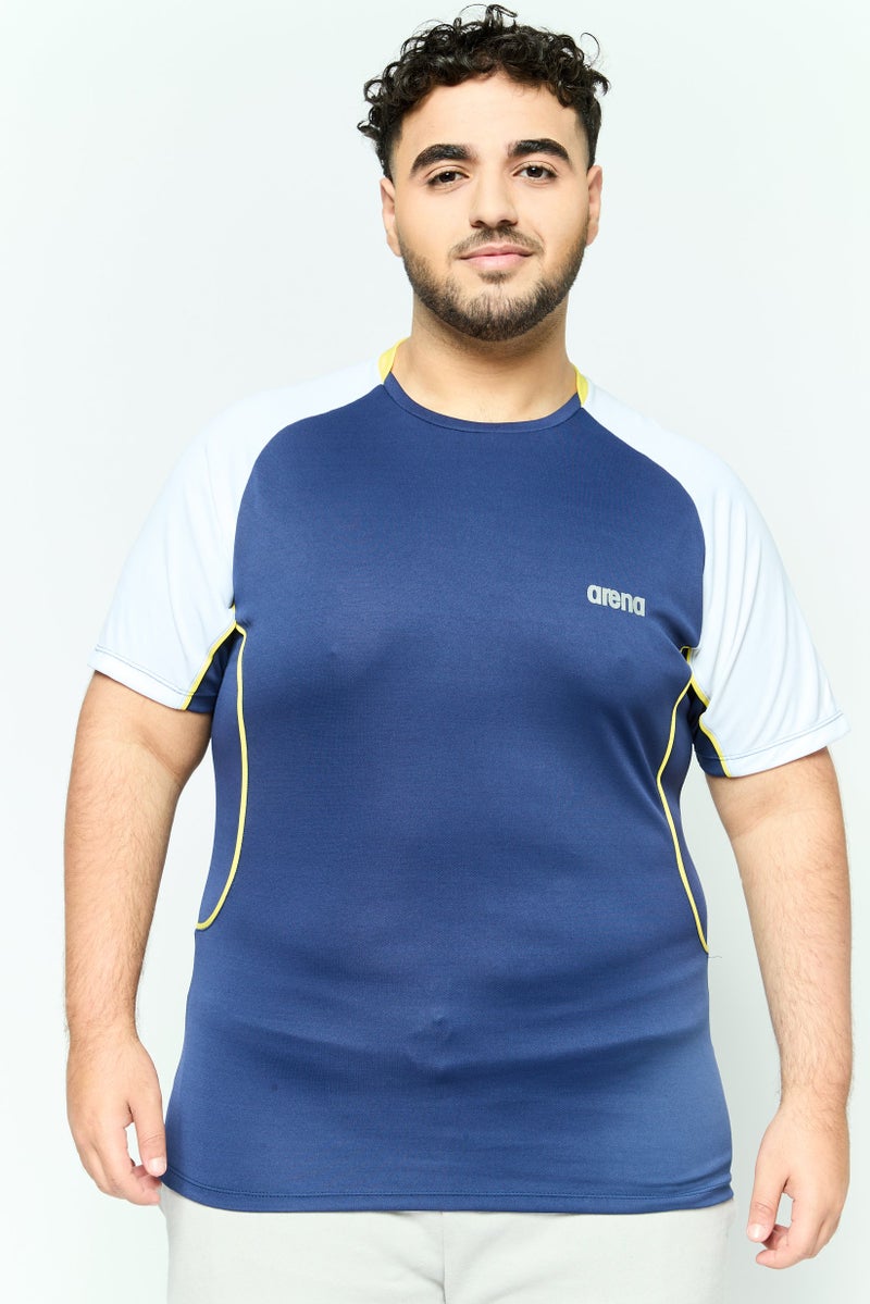 arena تي شيرت تدريب قصير الأكمام للرجال، رياضي، أزرق داكن وأبيض - Image 1