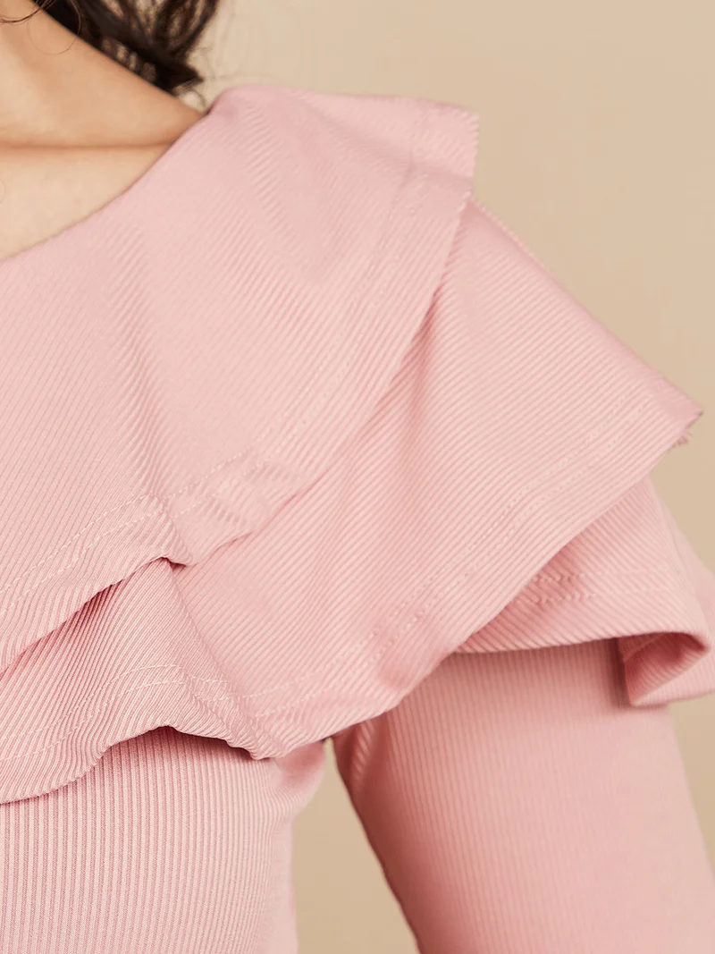 Styli Long Sleeves Asymmetric Neck Ribbed Blouse