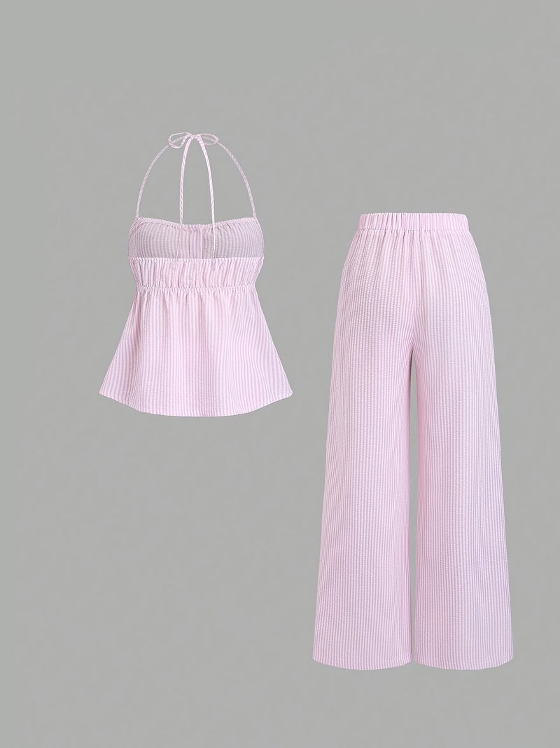 Pure Desire Halterneck Backless Pink And White Striped Set Women's Summer Loose Wide-Leg Pants - Image 2