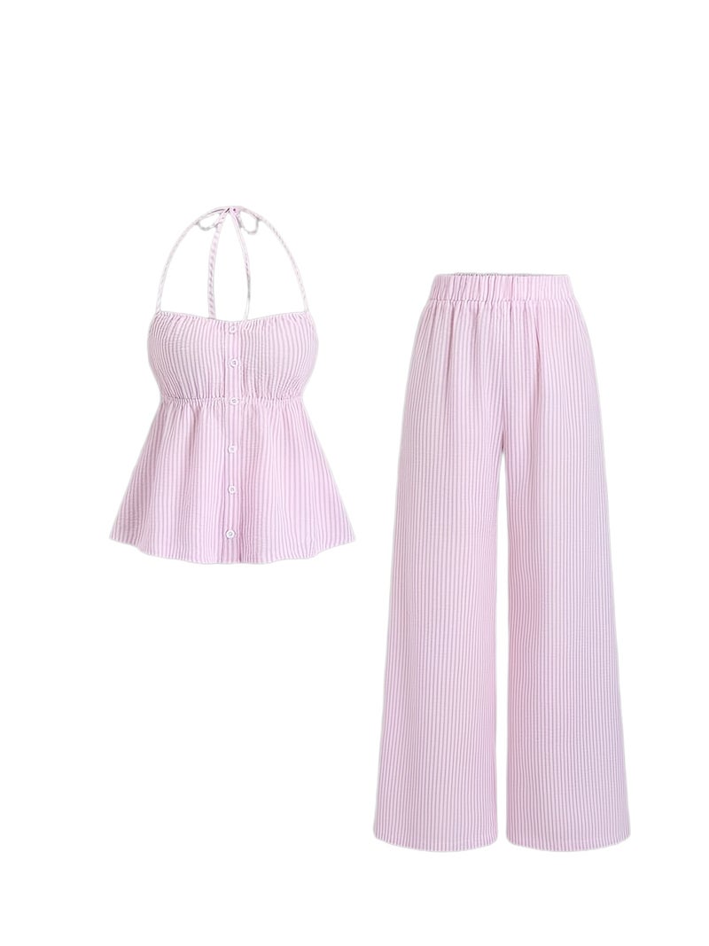 Pure Desire Halterneck Backless Pink And White Striped Set Women's Summer Loose Wide-Leg Pants - Image 1