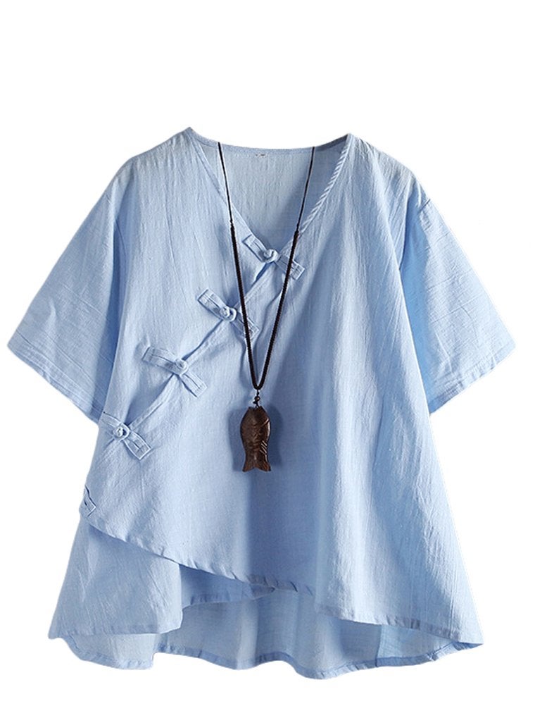 Minibee Women's Linen Retro Chinese Frog Button Tops Blouse Blue 2XL - Image 1