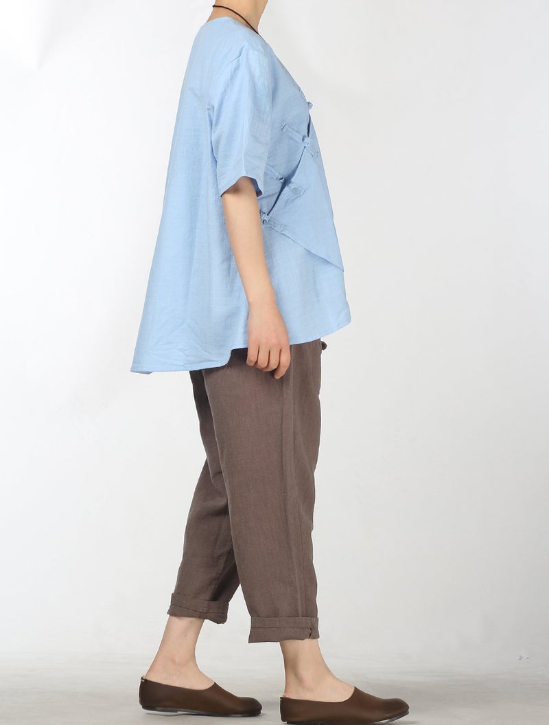Minibee Women's Linen Retro Chinese Frog Button Tops Blouse Blue 2XL - Image 4