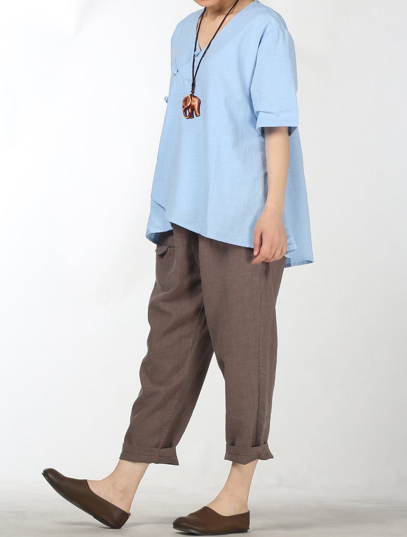 Minibee Women's Linen Retro Chinese Frog Button Tops Blouse Blue 2XL - Image 5