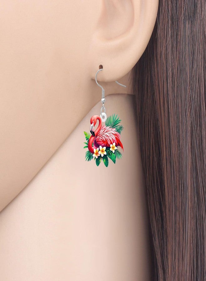 BONSNY Tropical Flamingo Dangle Earrings, Pink Birds Statement Jewelry with Hibiscus Flowers, Hawaiian Beach Style, Colorful Floral Design (Multicolor) - Image 2