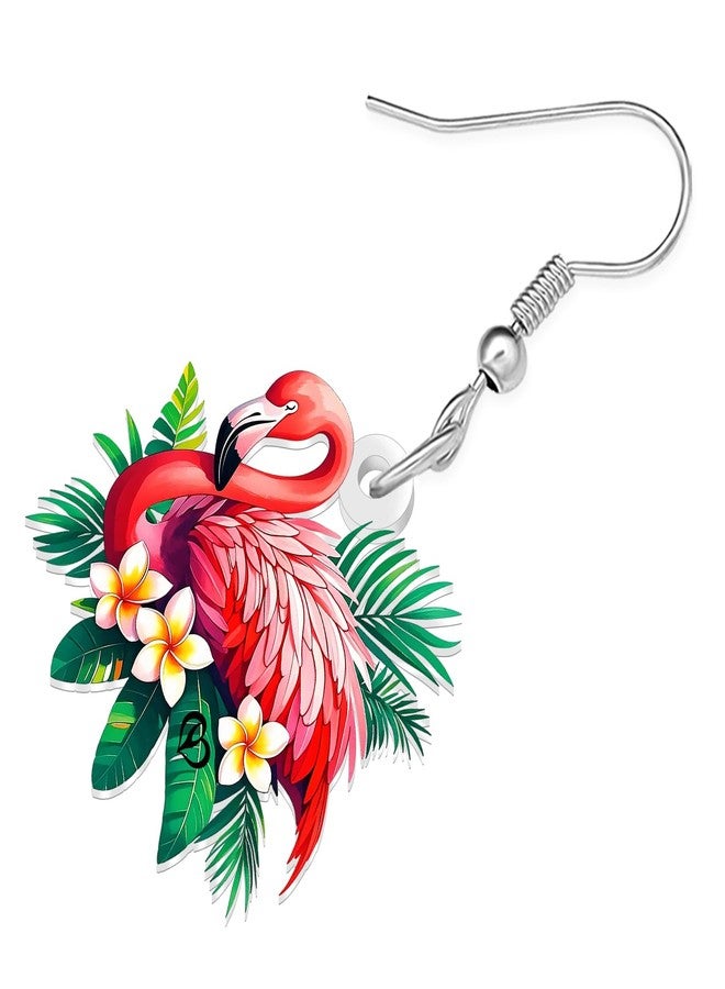 BONSNY Tropical Flamingo Dangle Earrings, Pink Birds Statement Jewelry with Hibiscus Flowers, Hawaiian Beach Style, Colorful Floral Design (Multicolor) - Image 4