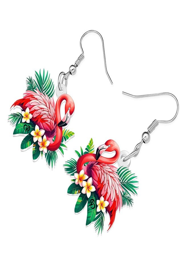 BONSNY Tropical Flamingo Dangle Earrings, Pink Birds Statement Jewelry with Hibiscus Flowers, Hawaiian Beach Style, Colorful Floral Design (Multicolor) - Image 3