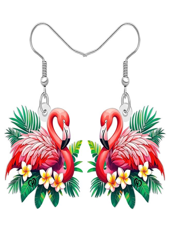 BONSNY Tropical Flamingo Dangle Earrings, Pink Birds Statement Jewelry with Hibiscus Flowers, Hawaiian Beach Style, Colorful Floral Design (Multicolor) - Image 1