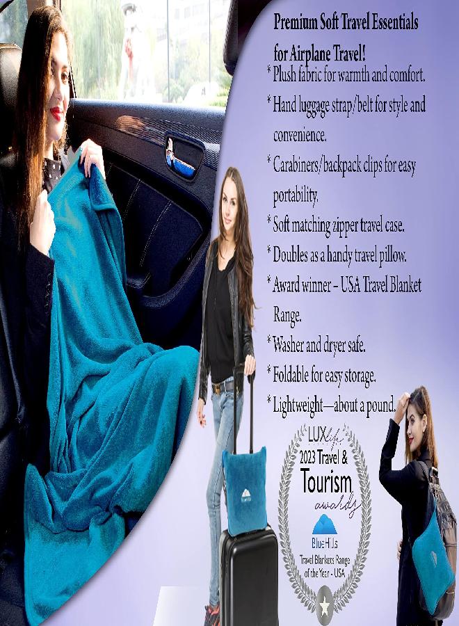 BlueHills BlueHills Premium Soft Travel Blanket Pillow Airplane Blanket in Soft Bag case with Hand Luggage Belt and Carabiner Compact Pack Large Cozy Blanket for Plane Car Train Teal Blue T022 - Image 2