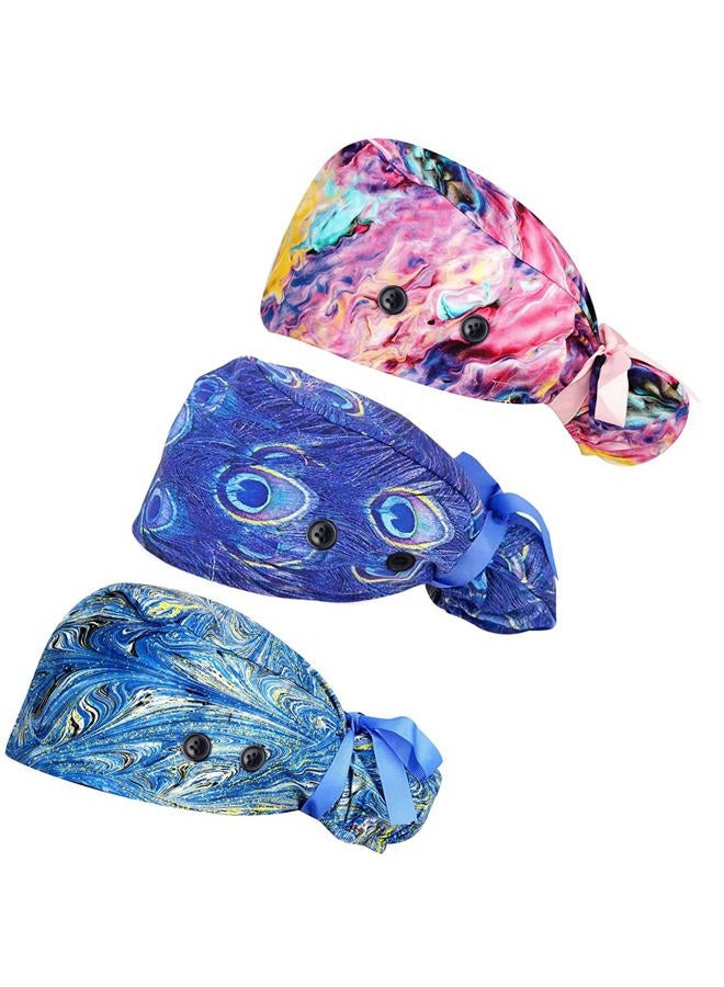 Fanadith Scrub Cap, 3 PCS Surgical Caps for Women, Nurse Caps with Buttons Ribbon Tie, Adjustable Bouffant Nurse Hat, Universe + Phoenix Tail + Purple - Image 1