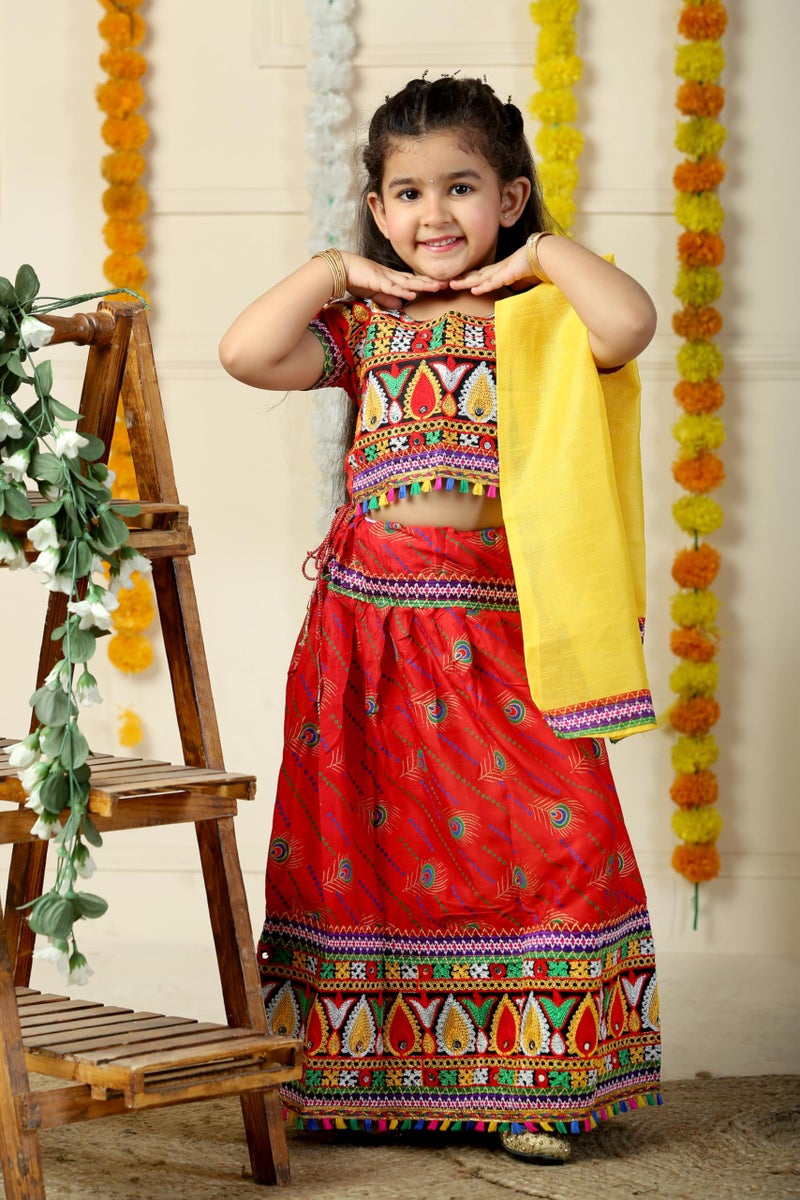 AHHAAAA Kids Embroidered Traditional Ghoomar Lehenga Choli with Dupatta for Girls (3-4 Years, Red) | Material: Cotton Blend | Finish Type: Readymade - Image 2