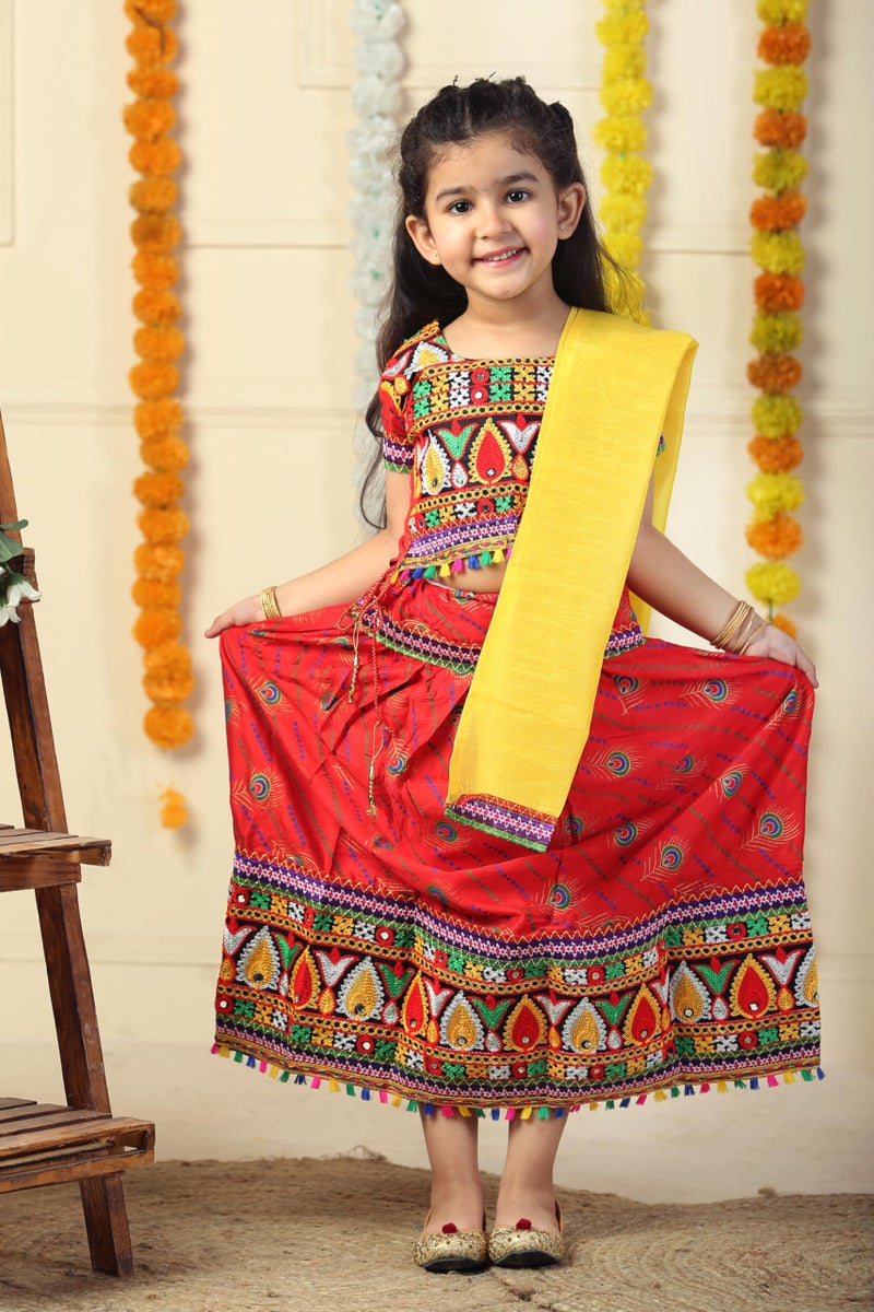 AHHAAAA Kids Embroidered Traditional Ghoomar Lehenga Choli with Dupatta for Girls (3-4 Years, Red) | Material: Cotton Blend | Finish Type: Readymade - Image 5