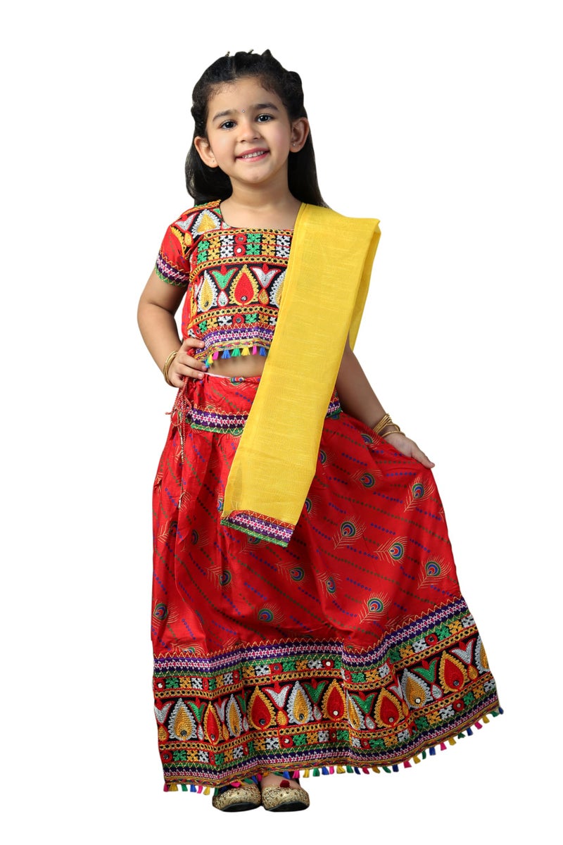 AHHAAAA Kids Embroidered Traditional Ghoomar Lehenga Choli with Dupatta for Girls (3-4 Years, Red) | Material: Cotton Blend | Finish Type: Readymade - Image 1