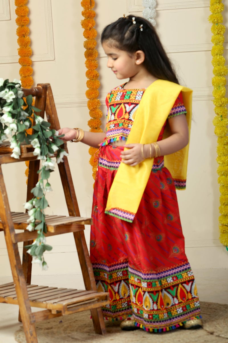AHHAAAA Kids Embroidered Traditional Ghoomar Lehenga Choli with Dupatta for Girls (3-4 Years, Red) | Material: Cotton Blend | Finish Type: Readymade - Image 4