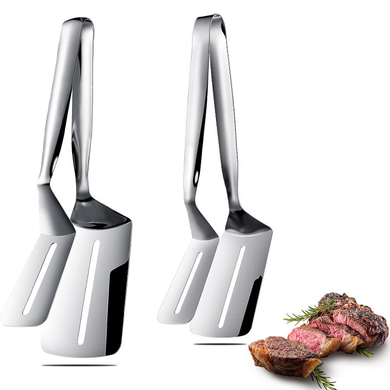 304 Stainless Steel Spatula Set of 210 Inch and 12 Inch Double Sided Steak Clamps Cooking Tong Multifunctional Flipping Spatula Tongs Clip for Burgers BBQ Pies Thanksgiving Halloween Christmas