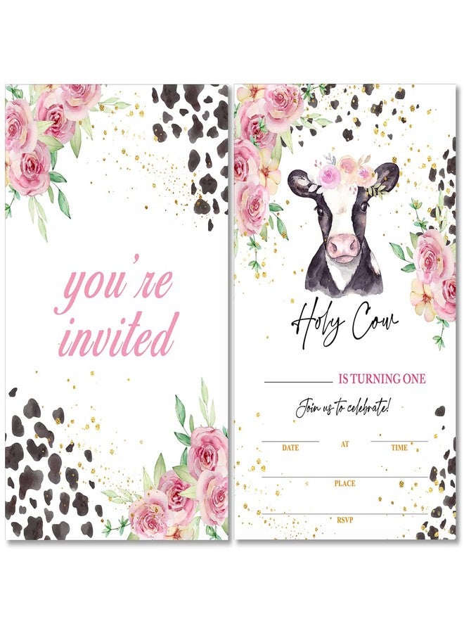 Soiceu Floral Holy Cow I'm One 1st Birthday Party Invitations with Envelopes Set of 20 Pink Farm Cow Girl 1 Year Old First Birthday Party Invites - Image 1